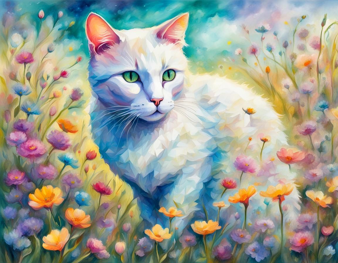 Ethereal Translucent Cat on Spring Meadow