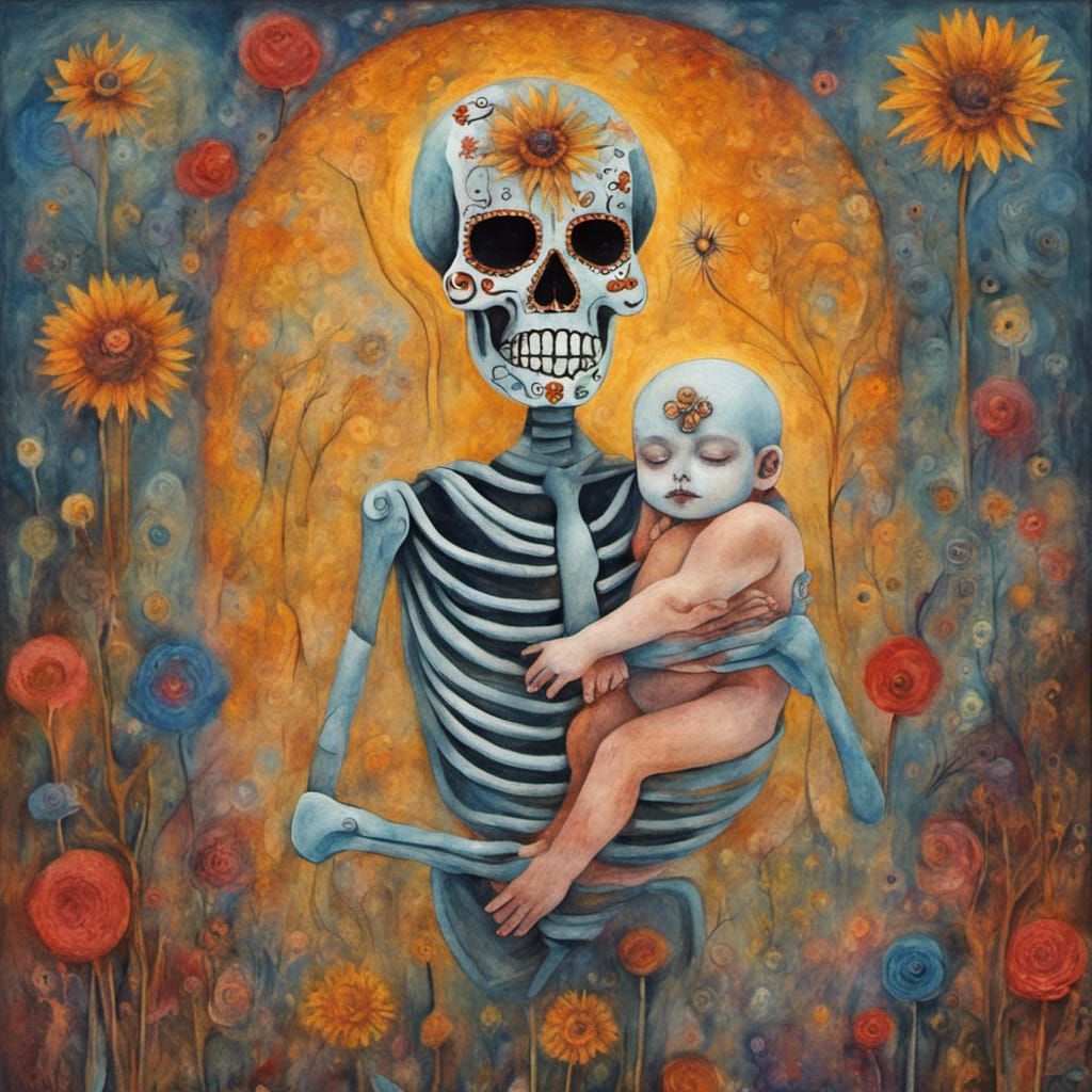 Sugar Skull Santa Muerte holding a live healthy happy baby, figures in a Million Dandelion dreamscape, flowers Octobe...