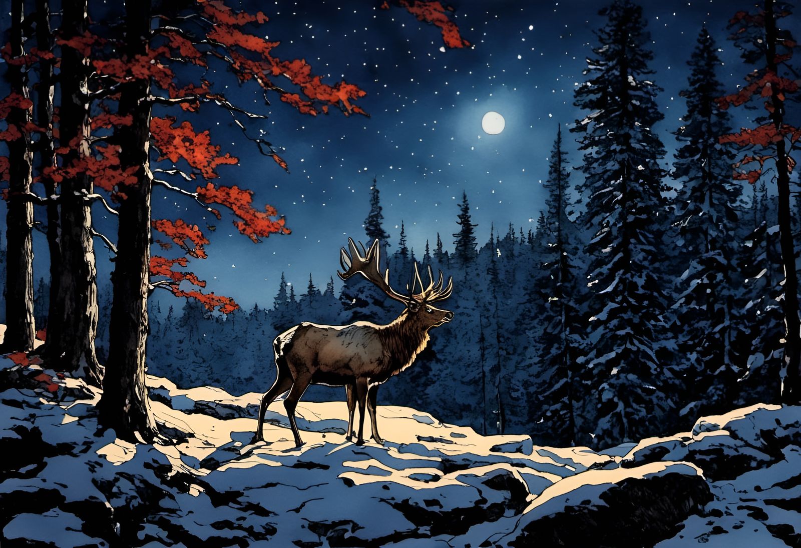 <lora:Autumn Winter:1.0> Night, dark dark night, starry starry sky, snow, winter, bright maple autumn, Elk, Background m...