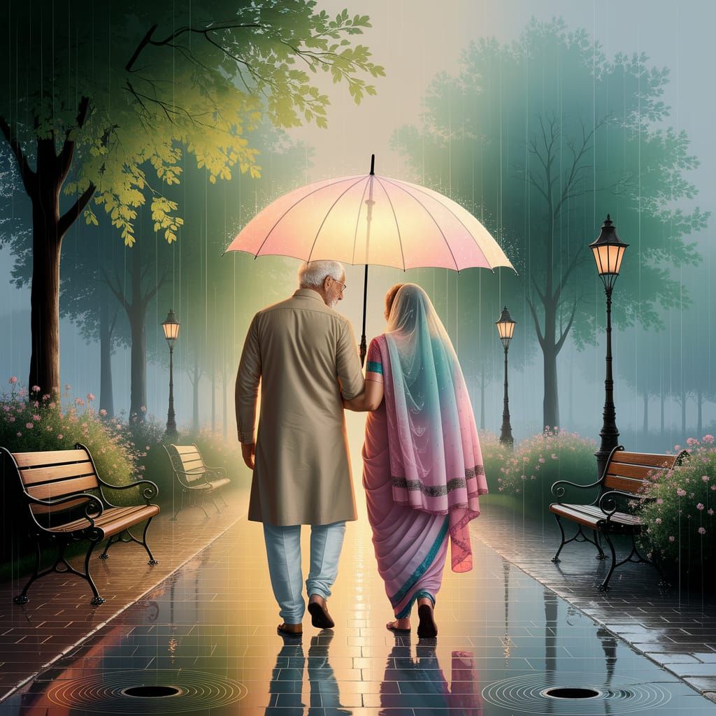Elderly Couple in Rainy Park: Impressionist Painting