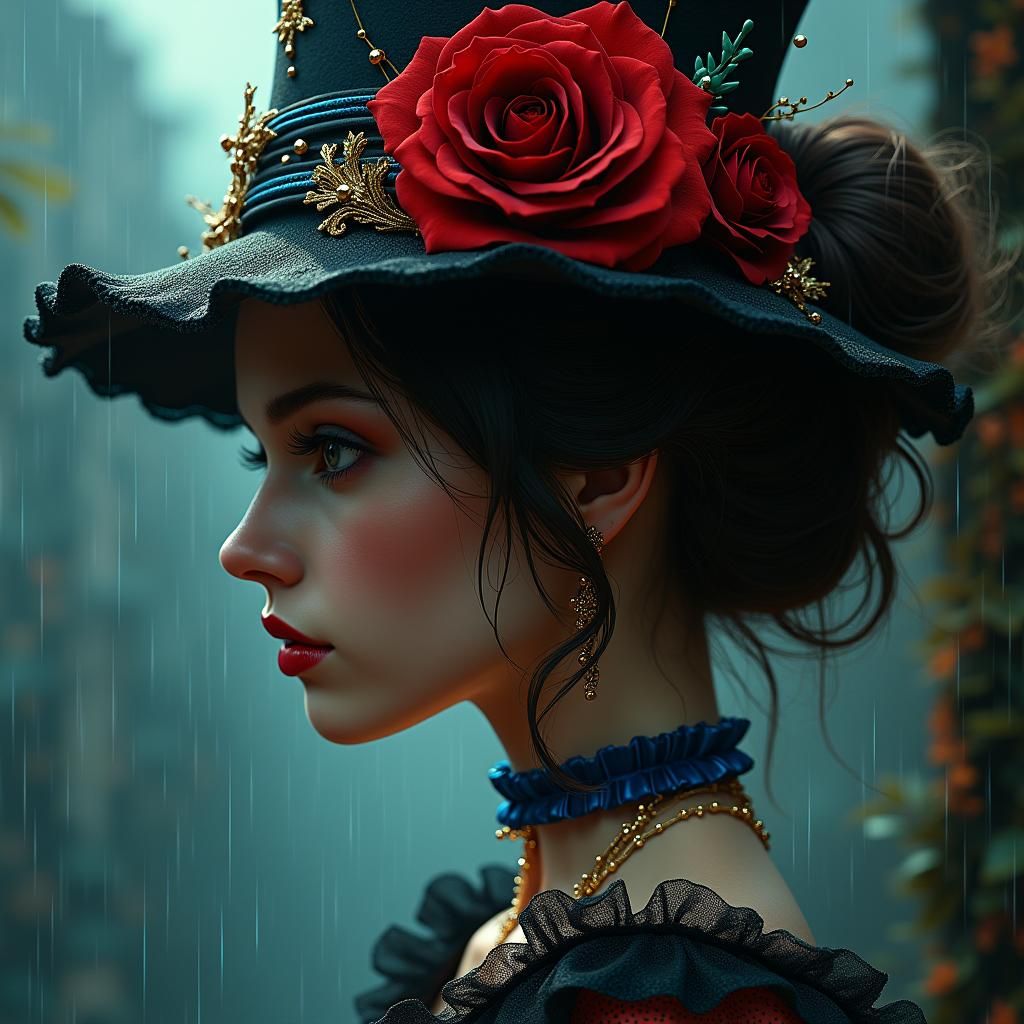 Gothic Victorian Girl with Rose, Bohemian Art Style