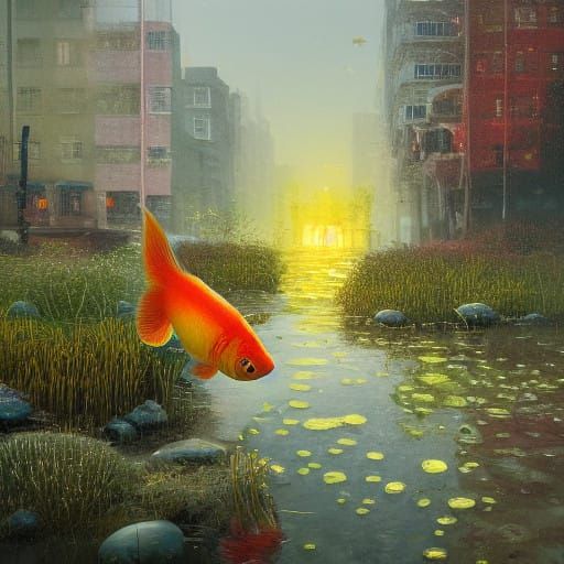 Surreal Still Life in Cyberpunk Style with Orange Goldfish a...