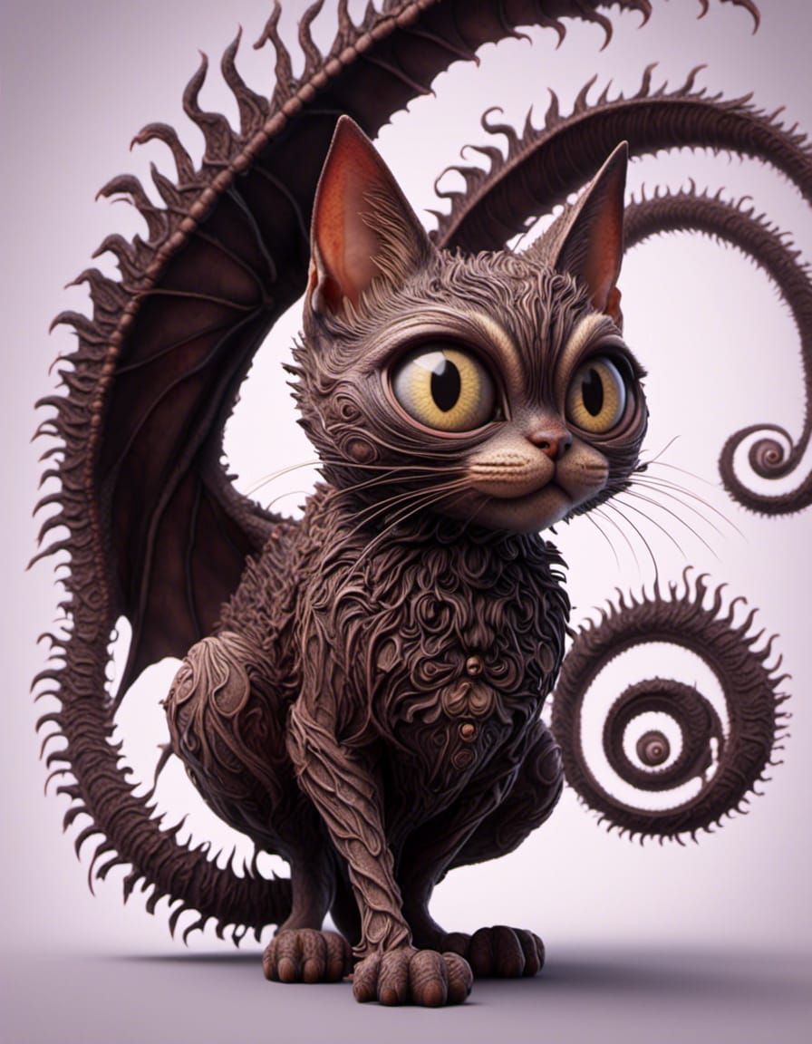 Cat-Headed Dragon in Magic Forest at Sunset