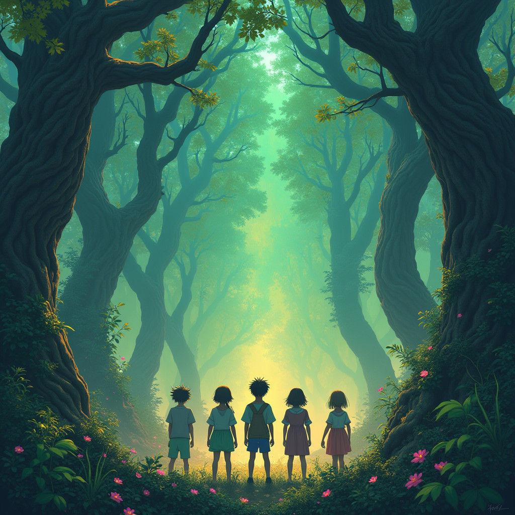 Stray Kids in Mystical Forest, Dreamlike Illustration