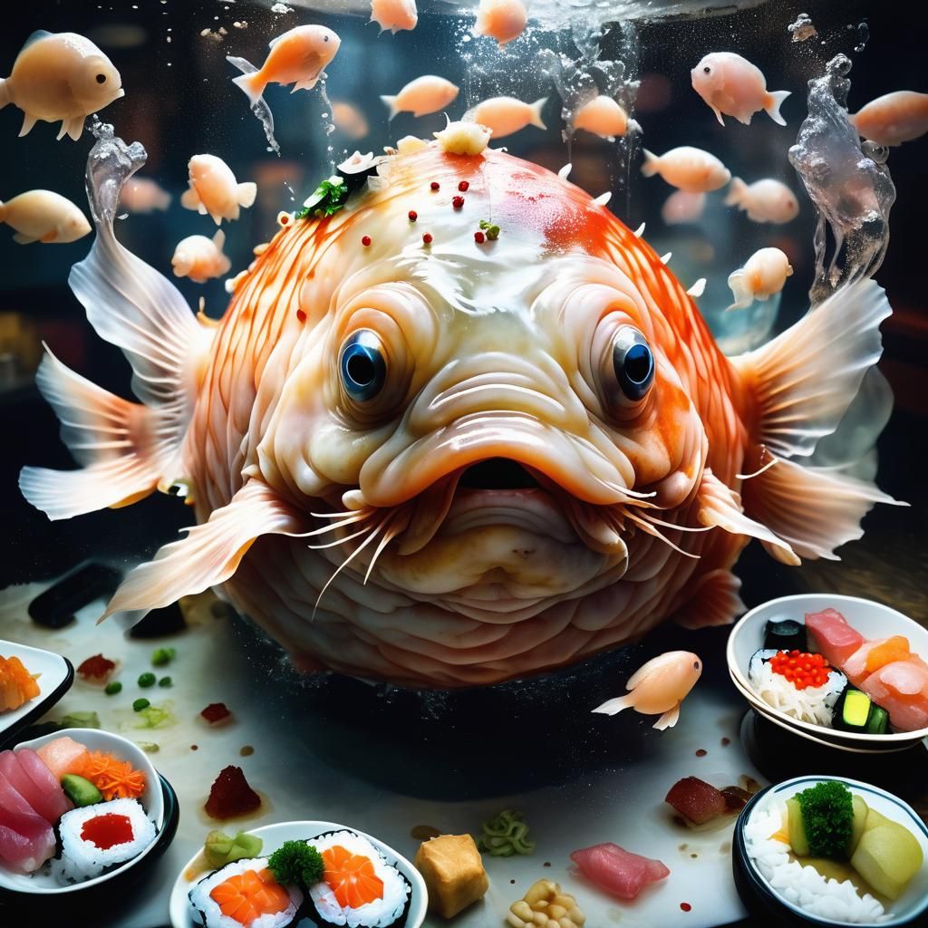 Giant Blobfish Invades Sushi Restaurant: Dreamlike Photo