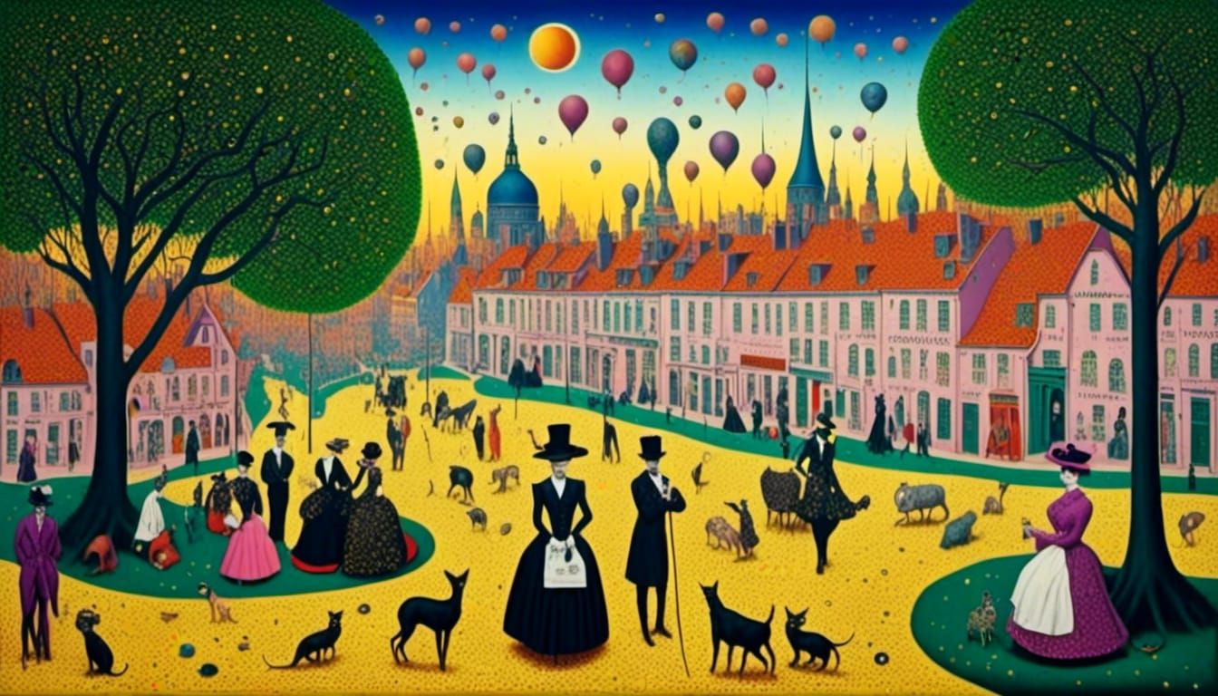 A surreal town in the style of Georges Seurat and Paul Signac.