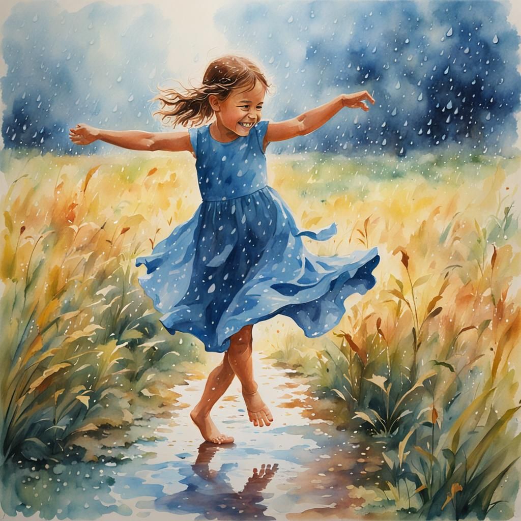 Girl Dancing in Summer Rain: Watercolour Painting