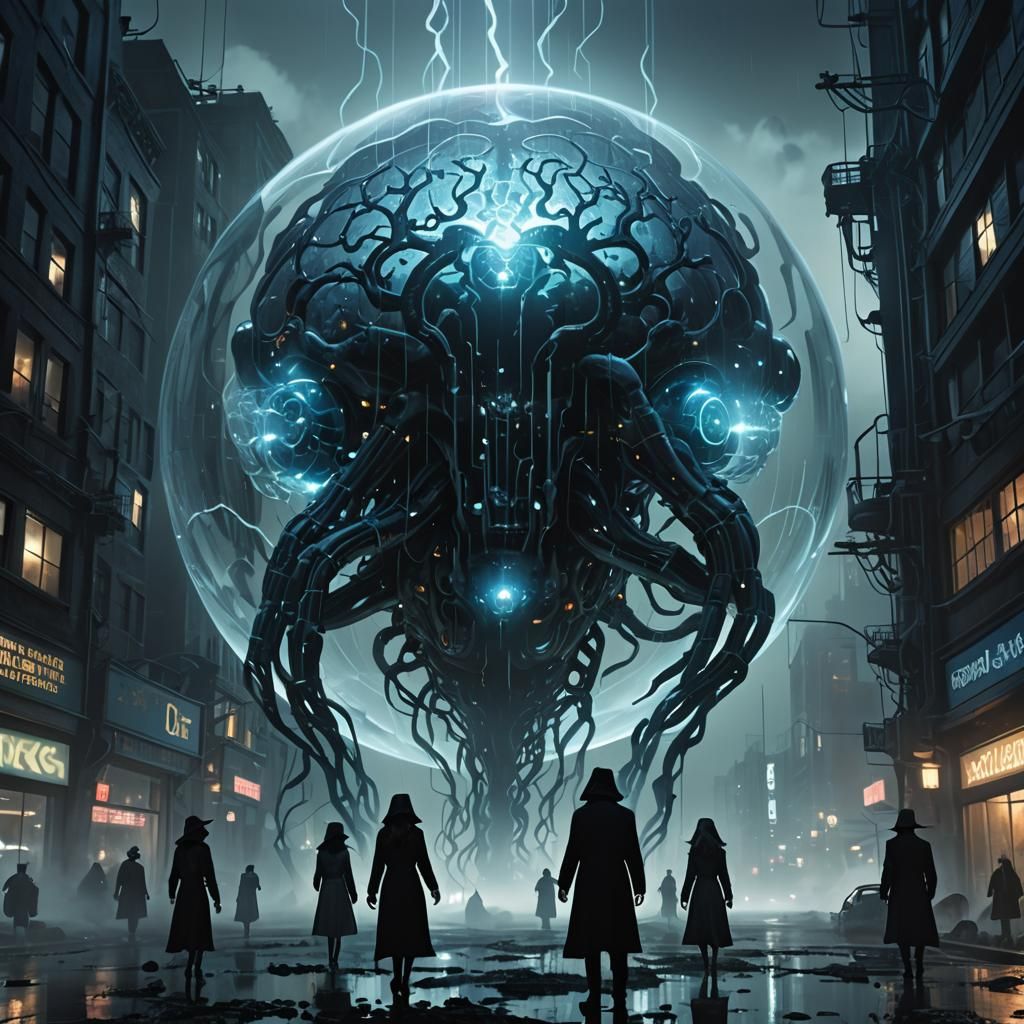 Witches and Brain in Futuristic Cityscape