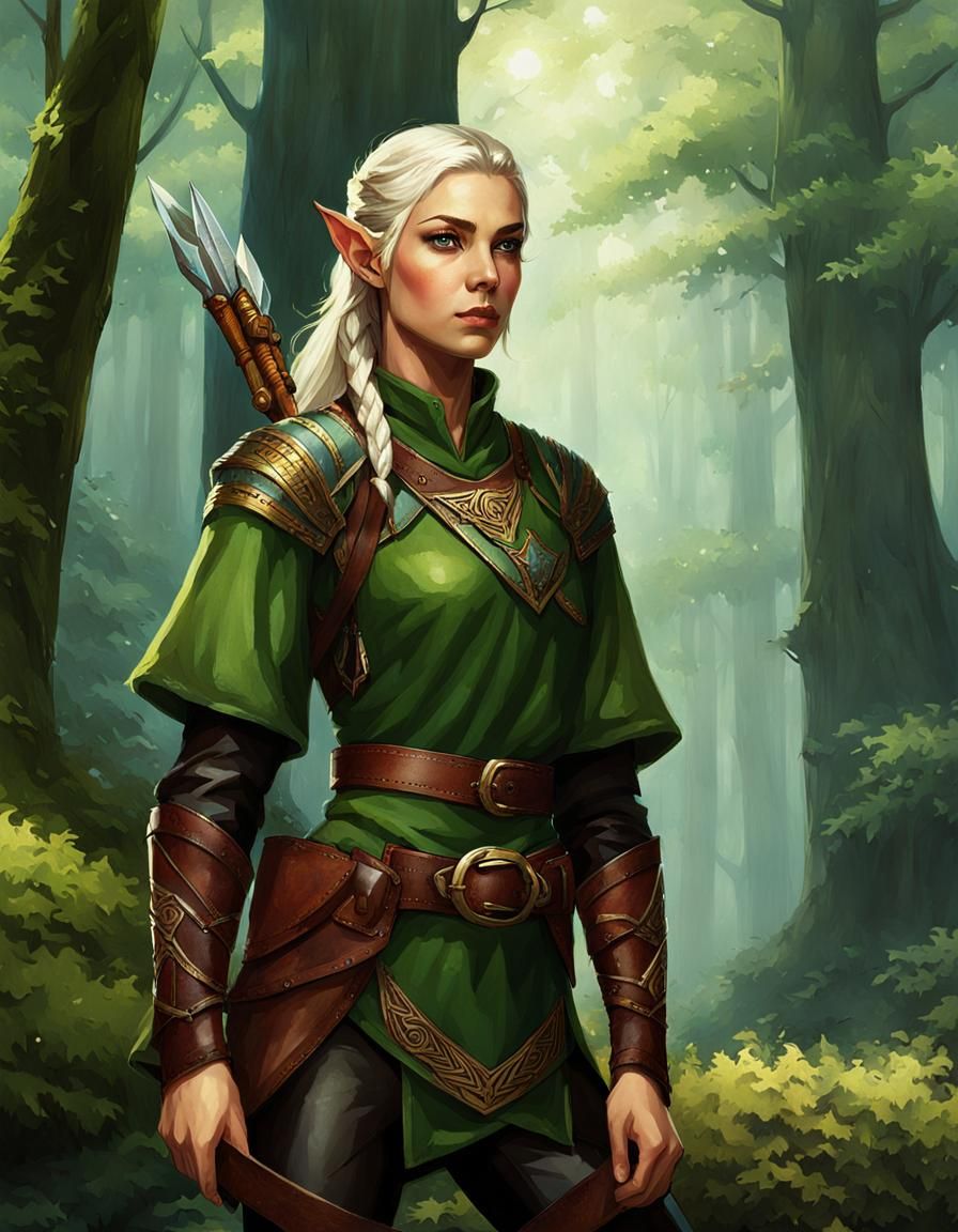 Female Elf Ranger Watching in Ancient Forest