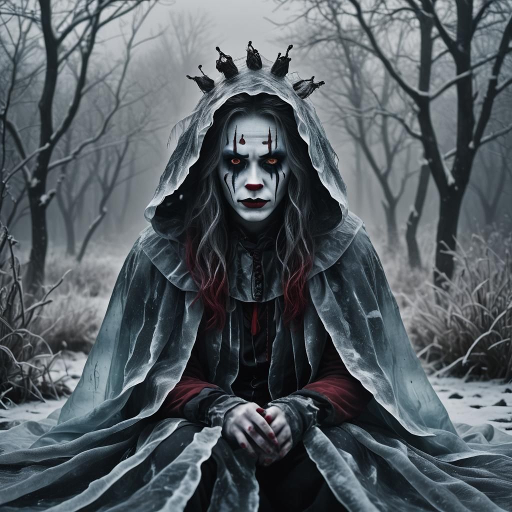 Icy Female Clown in a Snowy Landscape