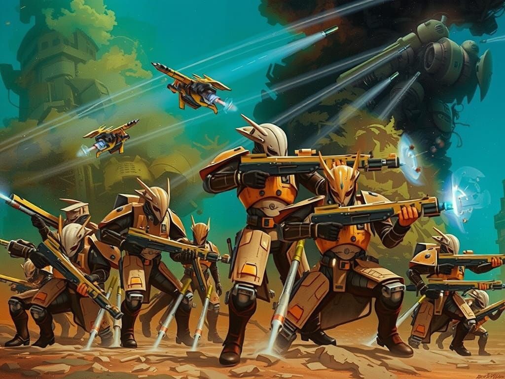 Hyperrealistic Warhammer 40K Tau Warriors in a Barren Landsc...