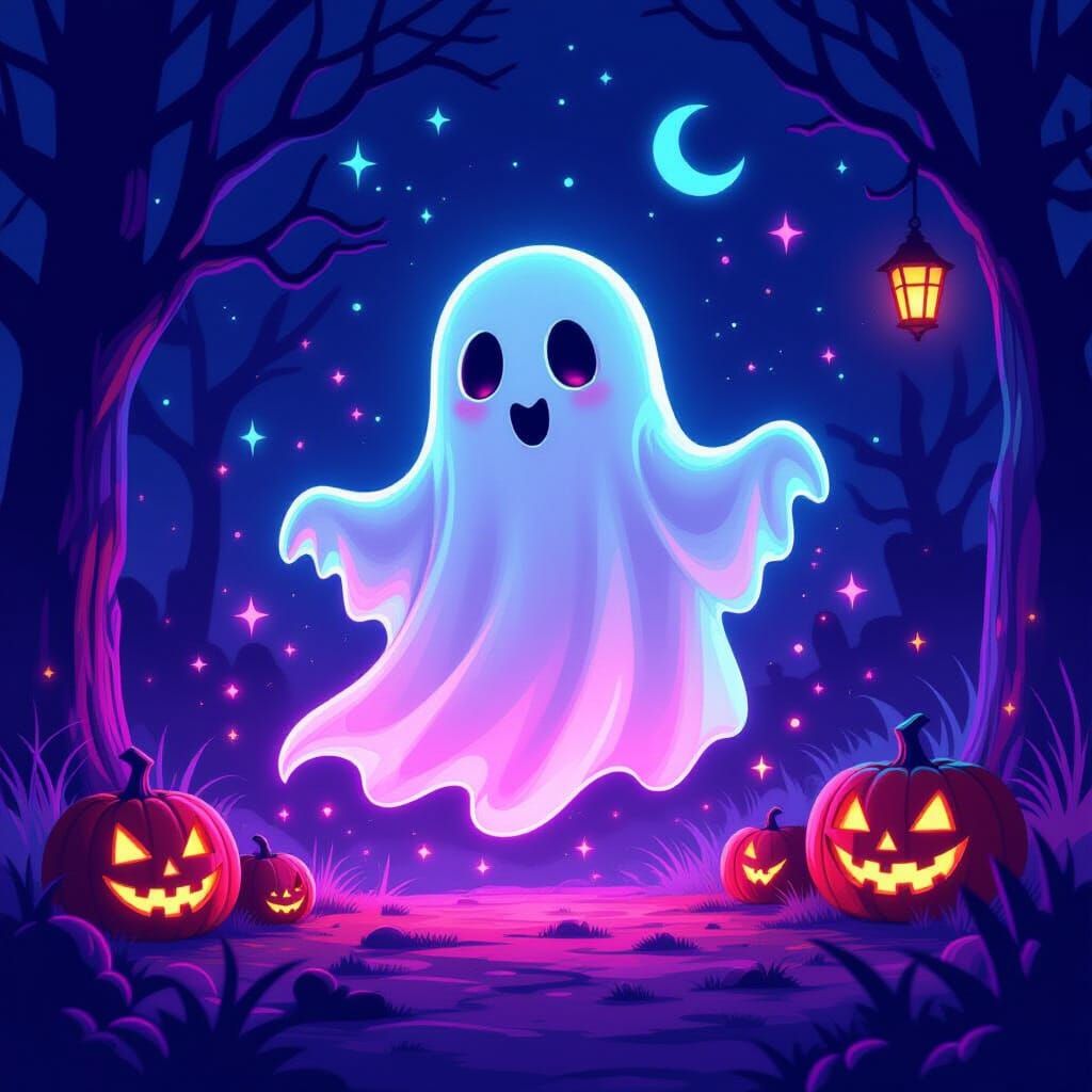 Neon Ghost in Magical Halloween Setting