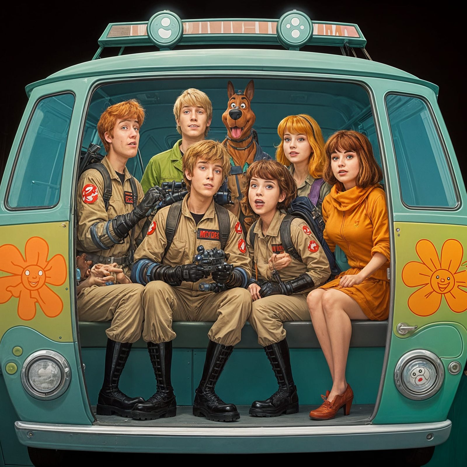Ghostbusters and Scooby Doo in Mystery Machine