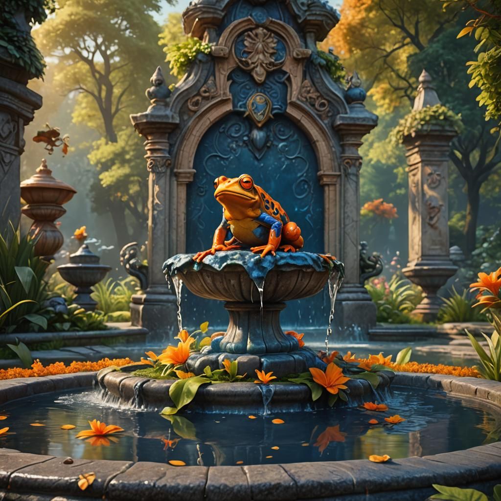 Fantastical Orange and Blue Frog in Garden Arboretum