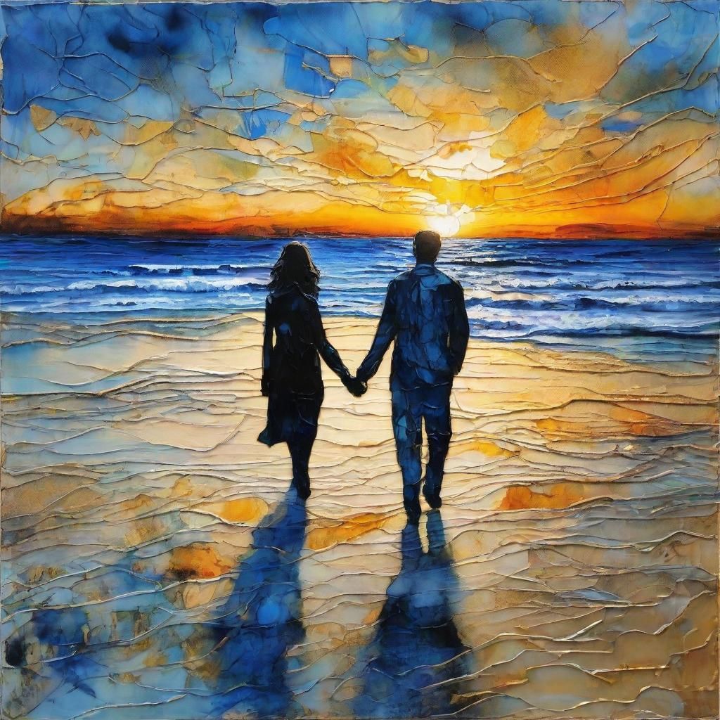 Couple on Beach in Mixed Media Impressionism