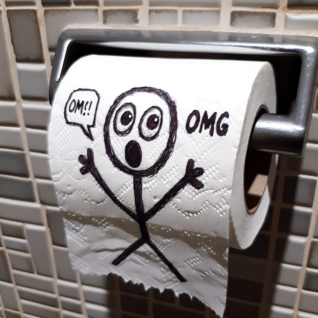 A roll of toilet paper mounted on a tiled wall. Uniquely, there's a drawing of a stick figure on the paper, appearing al...