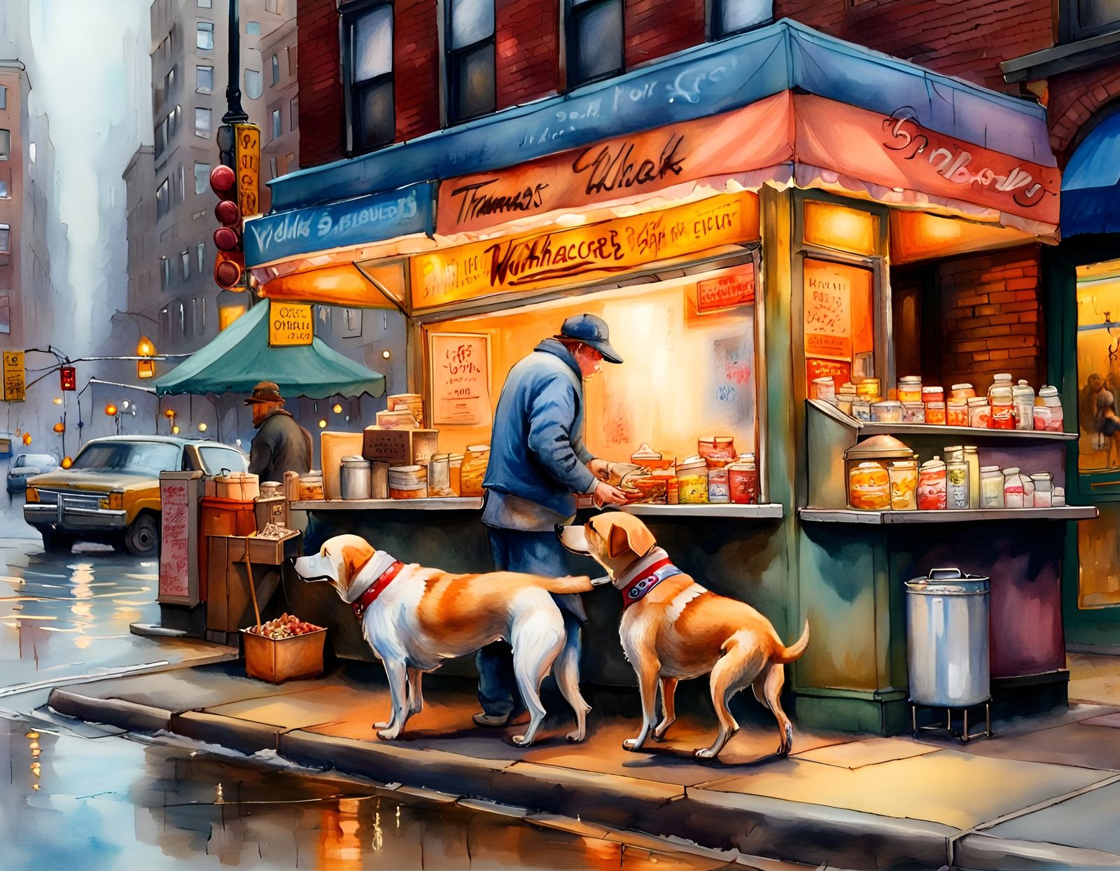 NYC Hot Dog Vendor in Folk Art Watercolor Style
