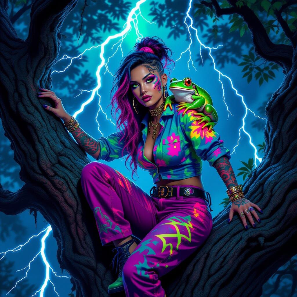 Cyberpunk Woman with Tree Frog in Electric Storm