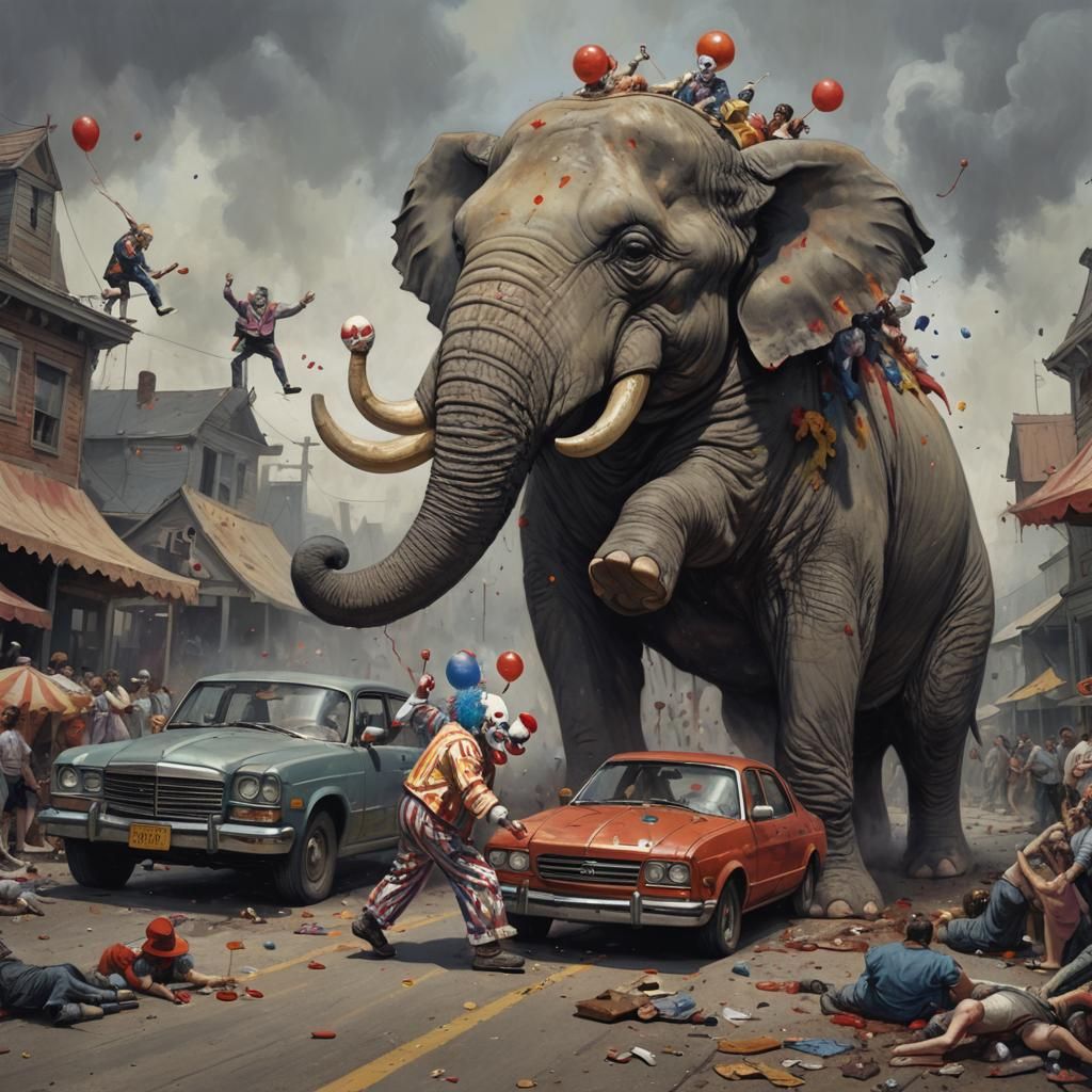 Sinister Clown Car Crash with Elephant