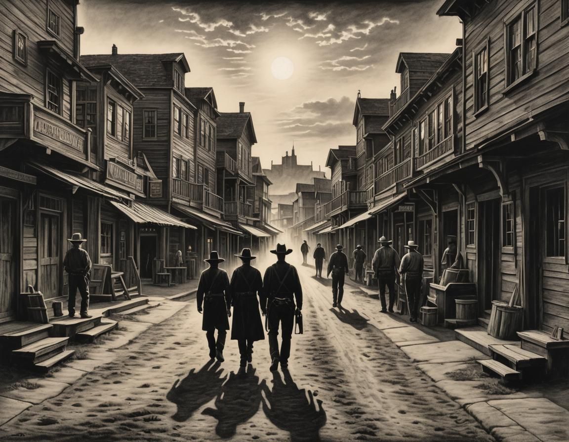 Silhouette in Old Western Town: Charcoal Drawing