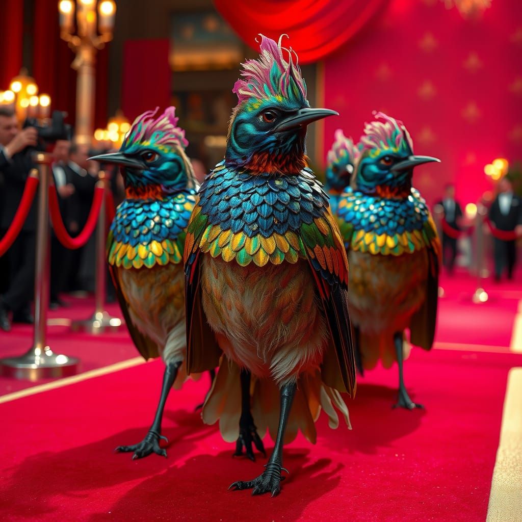 Birds of Opulence Strut Down Crimson Carpet in Iridescent Go...