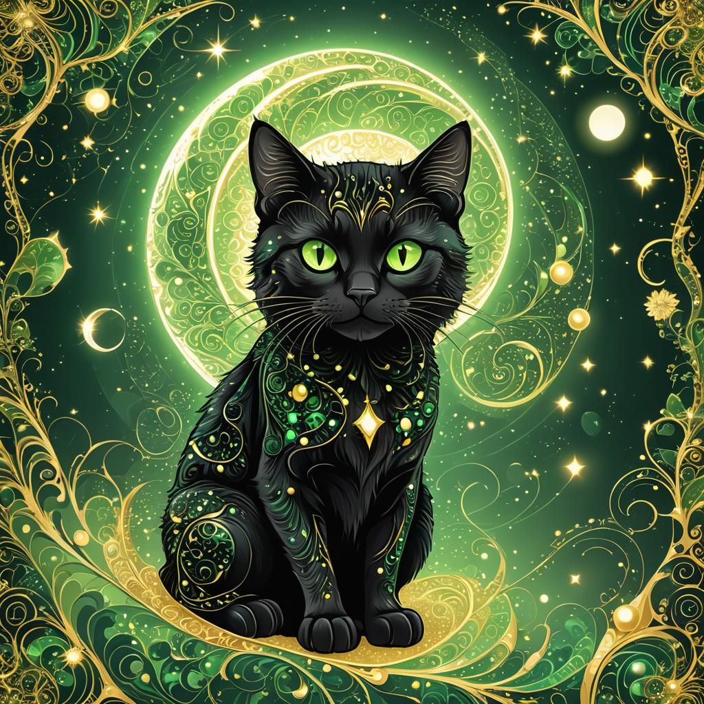 Majestic Black Cat with Green Eyes and Gold Glitter