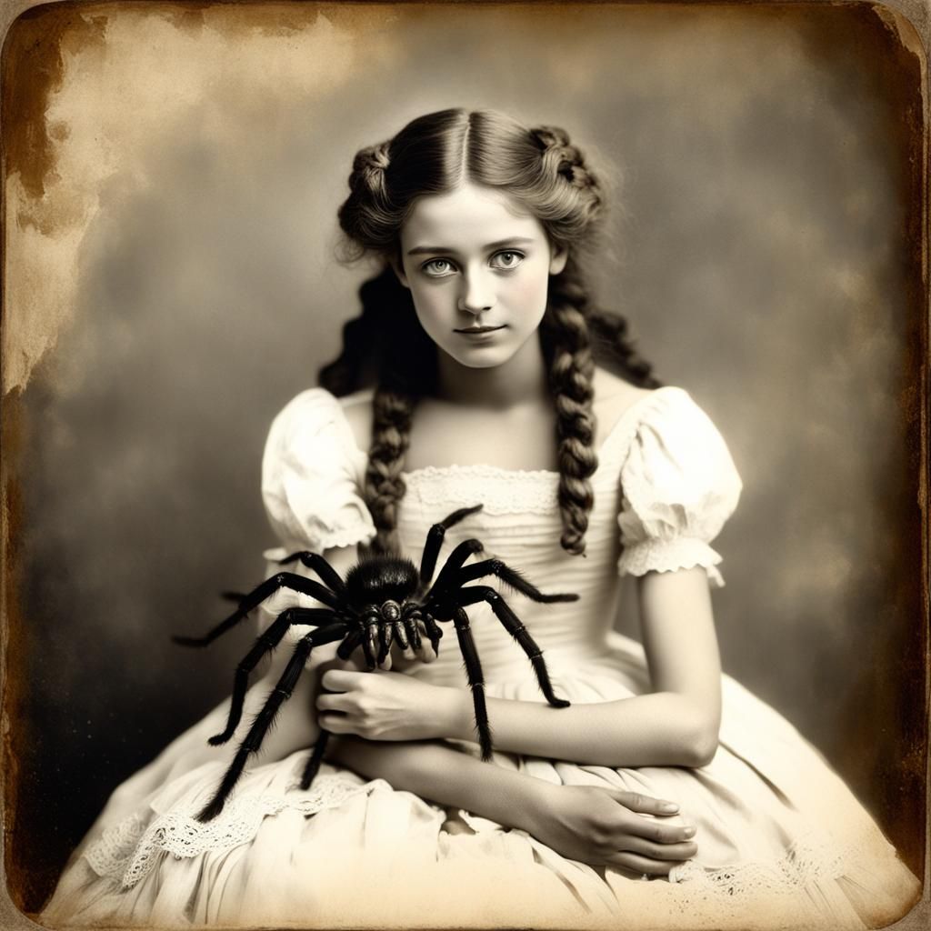 Girl with Tarantula: Vintage Daguerrotype Photo