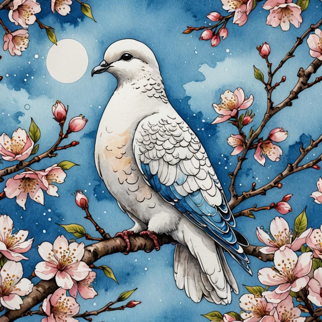 Dove on Cherry Blossom Branch in Watercolor Style