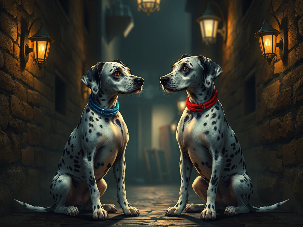 Dalmatian Puppies in Alleyway, Dramatic Lighting