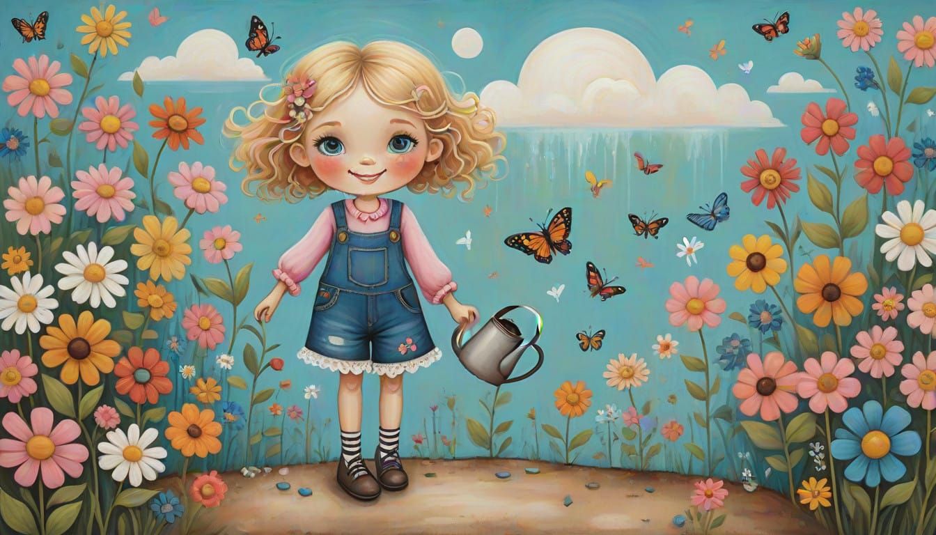 Whimsical Girl in a Field of Flowers