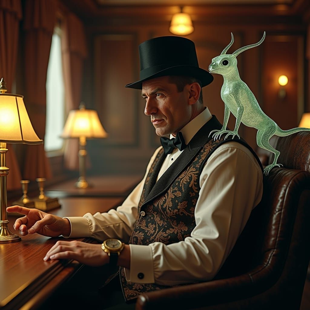 Gentleman with Demon on Shoulder in Ethereal Setting