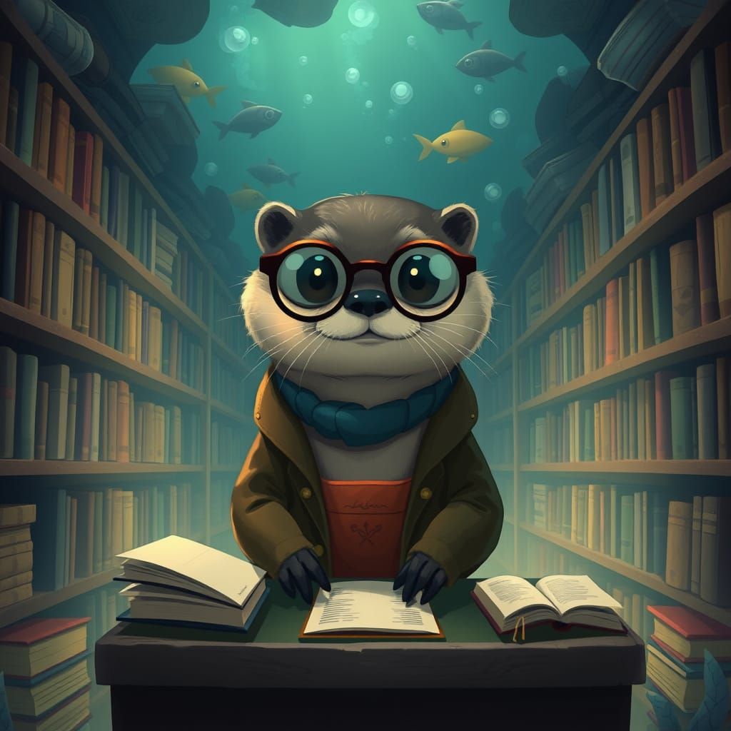 Underwater Otter Librarian in Whimsical Style