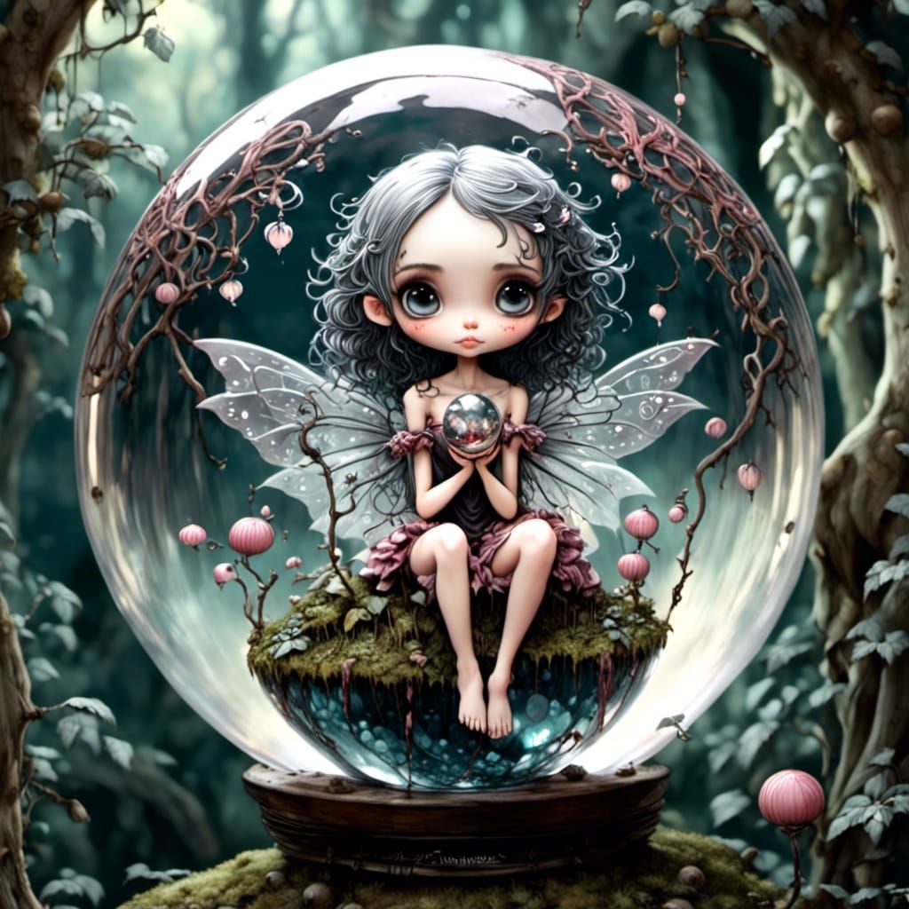 Chibi Fairy on Crystal Globe with Fairy Village