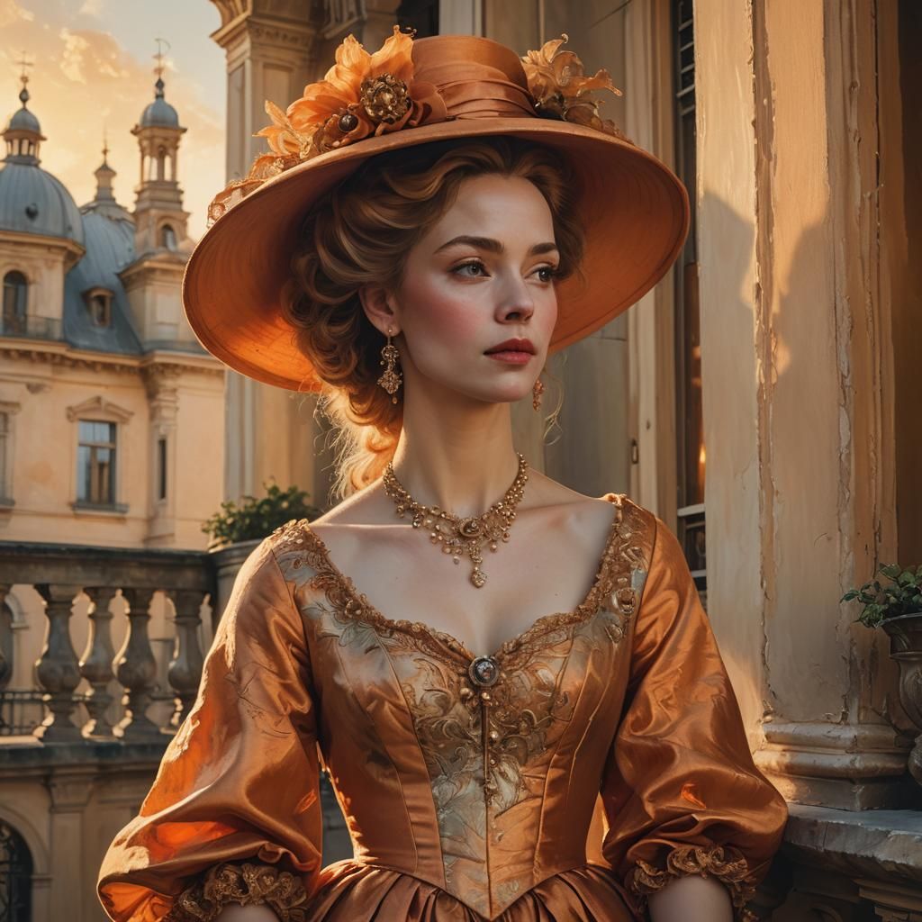 Woman in Orange Gown on Balcony as Baroque Portrait