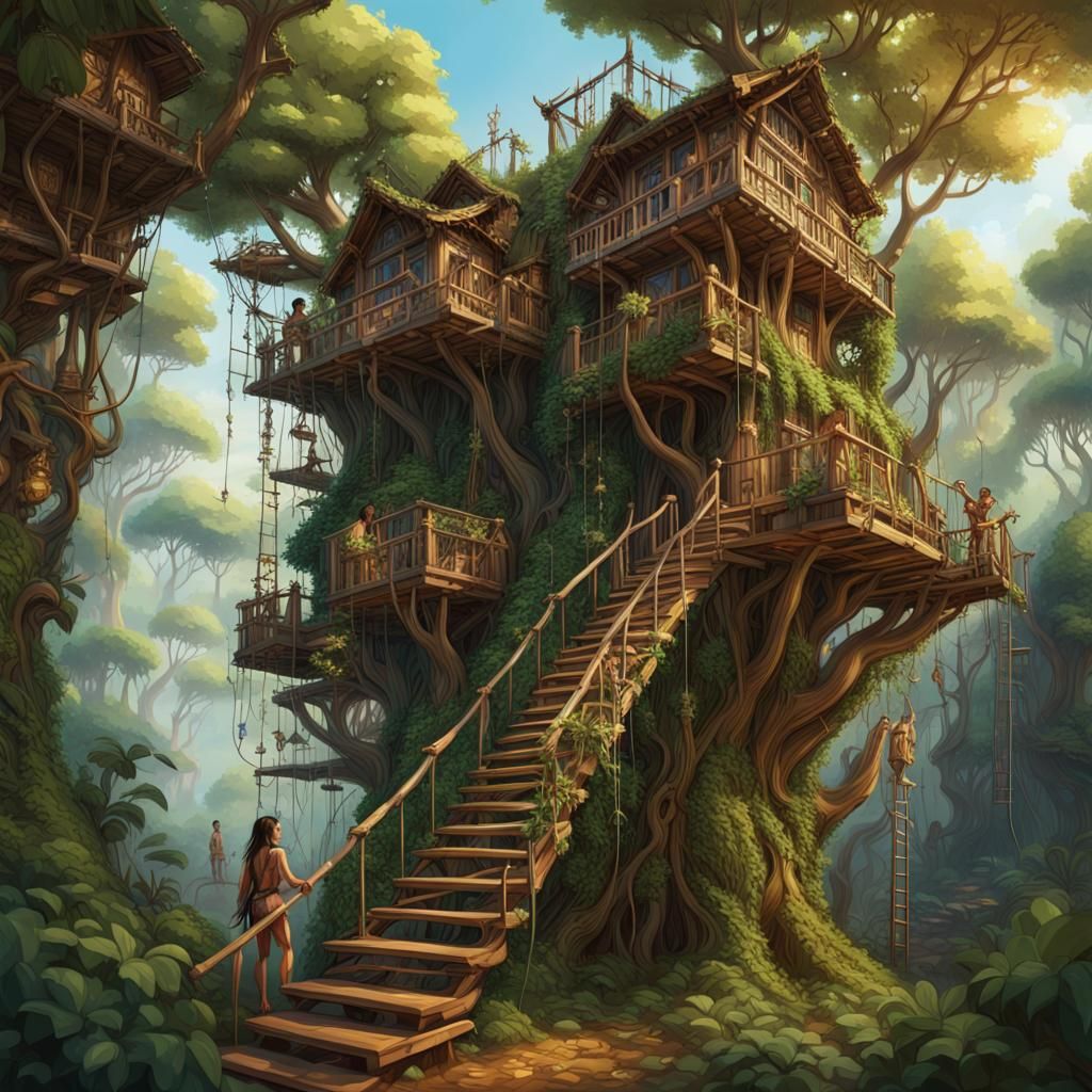 Arboreal Tribal Community with Treehouses in Colorful Splash...