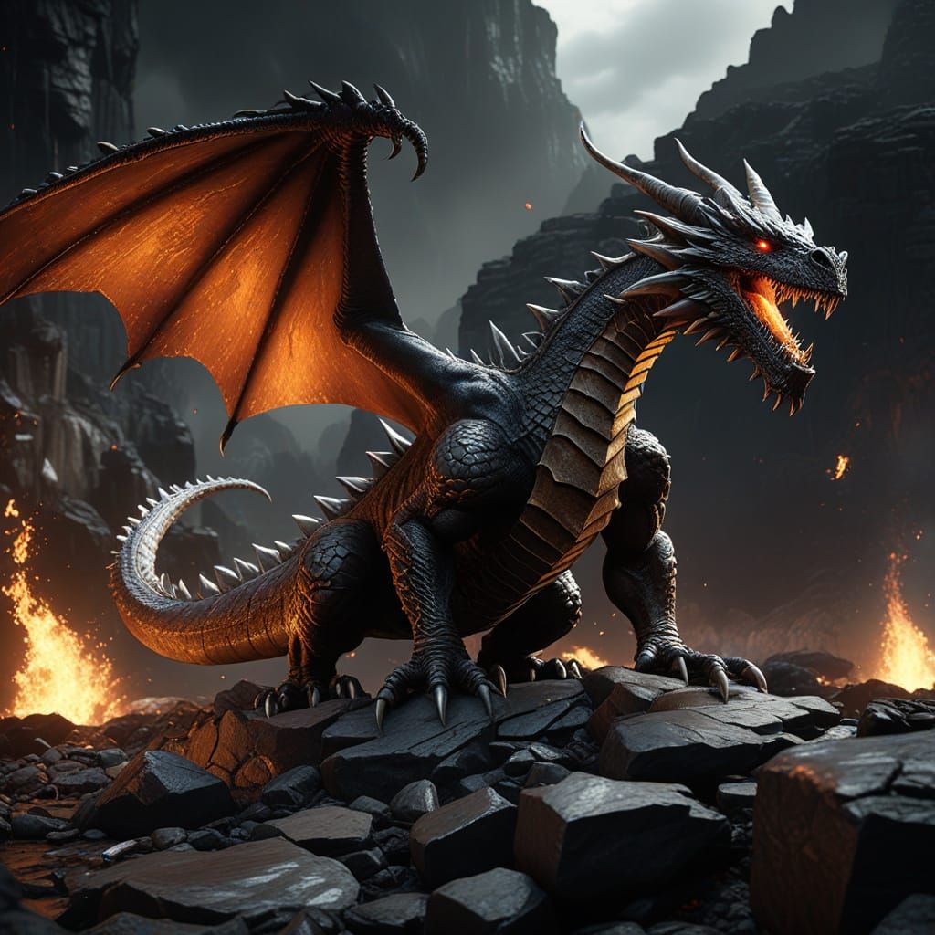 Magma Dragon Protects Regal Warrior in Ancient, Dark Fantasy...