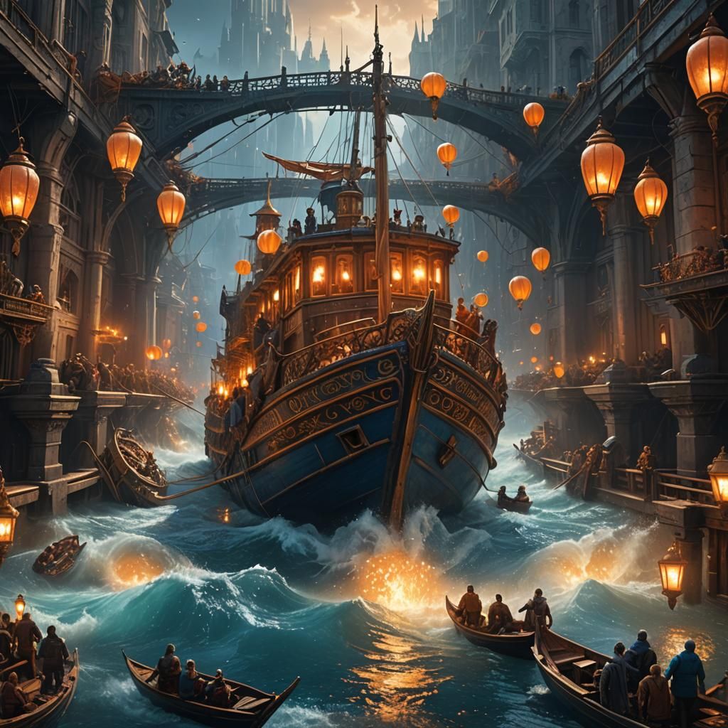 Ornate Ship Crash on Bridge in Fantasy Style