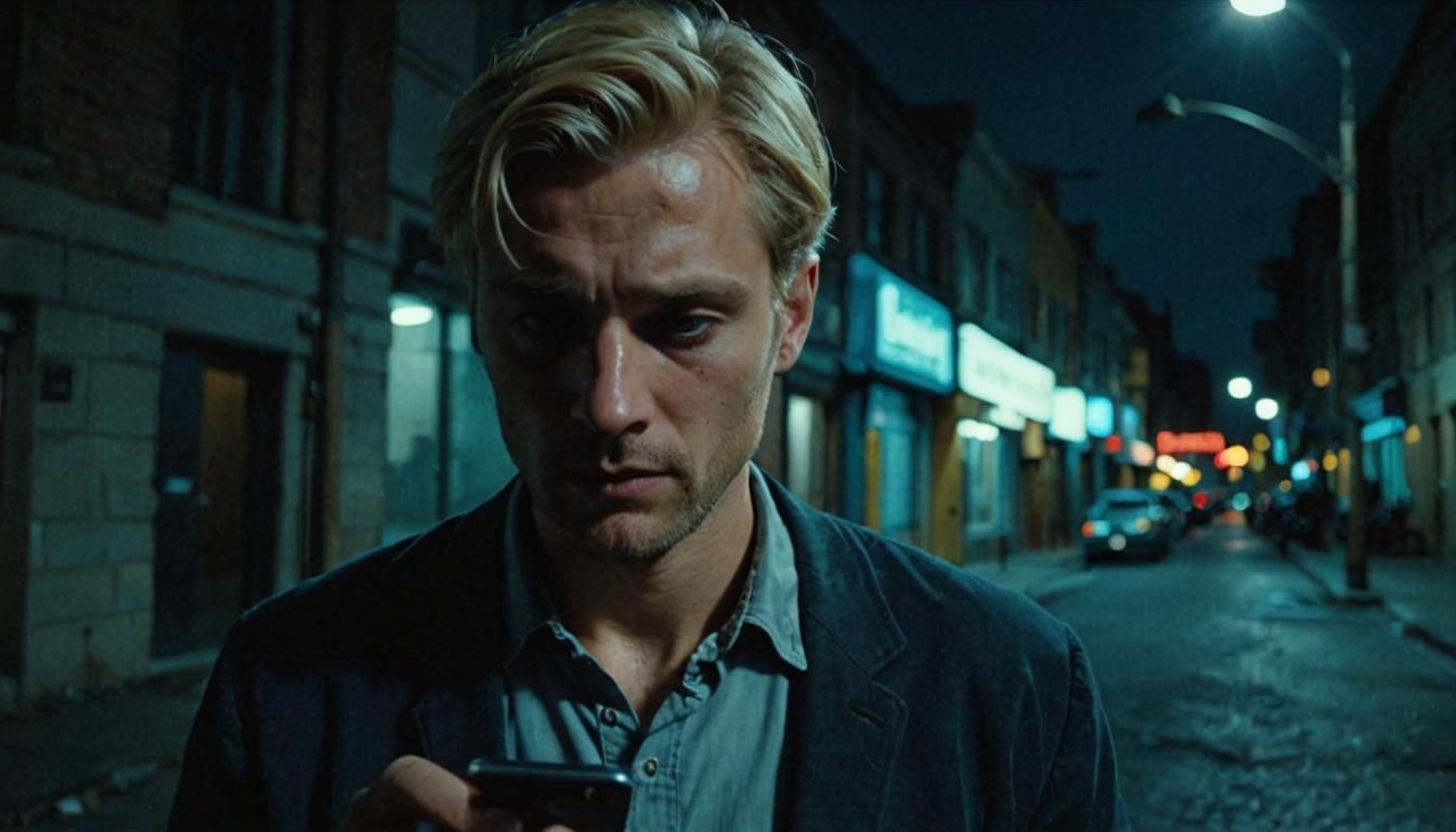 Blonde Man Using Phone at Night: Cinematic Film Still
