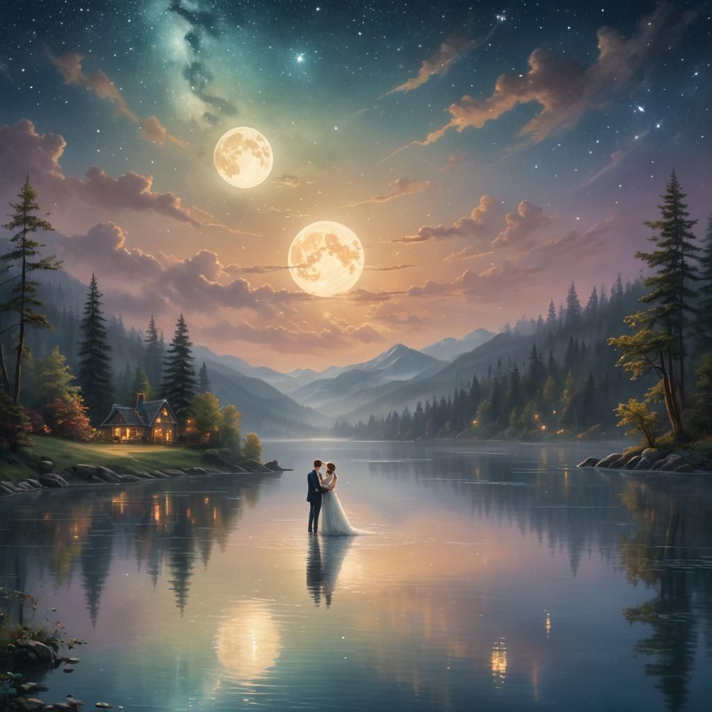 Romantic Newlyweds Under Starry Sky, Kinkade Style