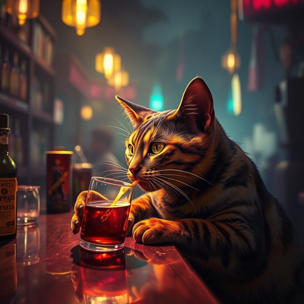Vibrant Tortoiseshell Cat Sips from Enchanted Tavern in 8K D...