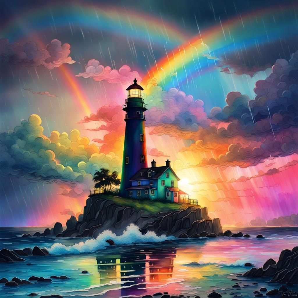Rainbow Lighthouse Seascape in Cyberpunk Watercolor Style