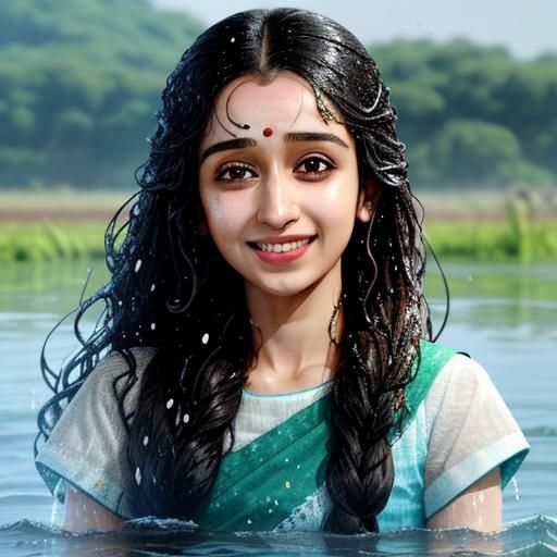 Woman Emerging from Water Smiling