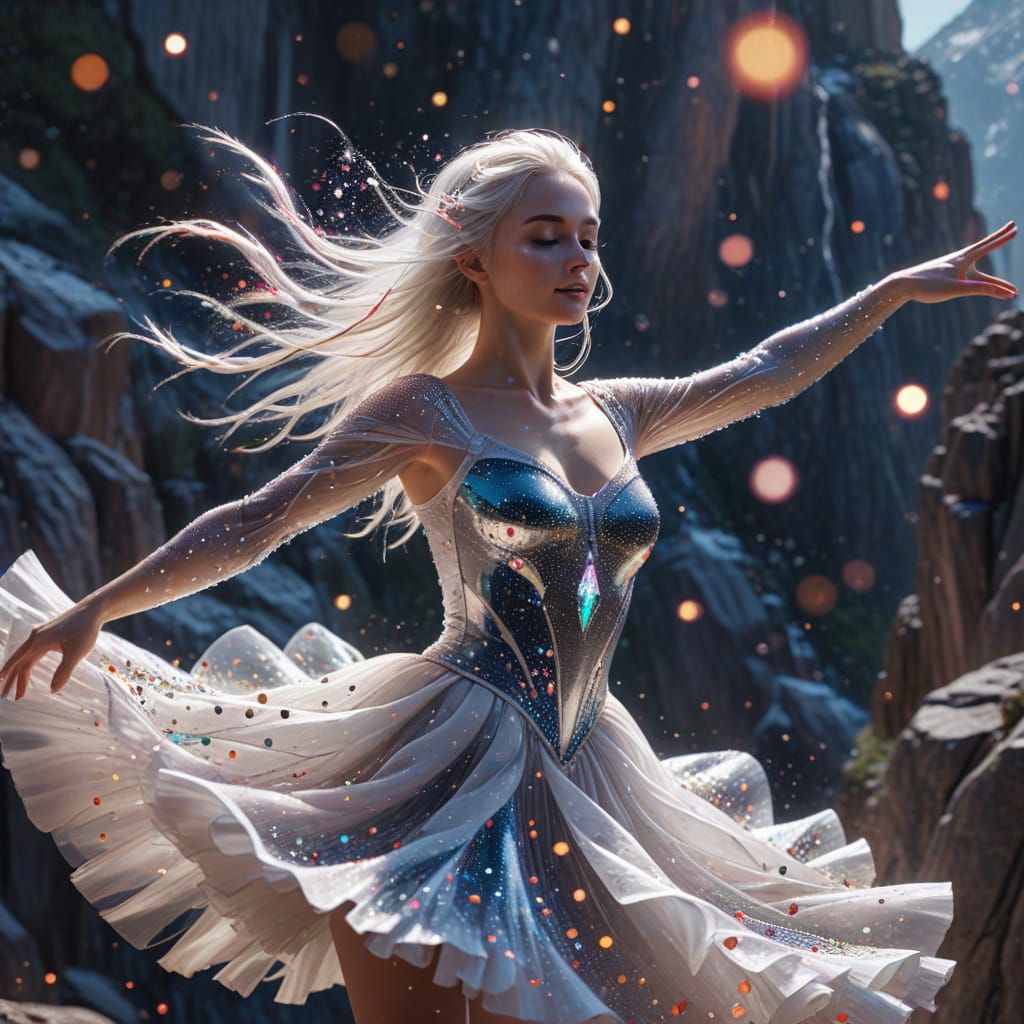 Ballerina Dances with Cosmic Being on Majestic Mountain