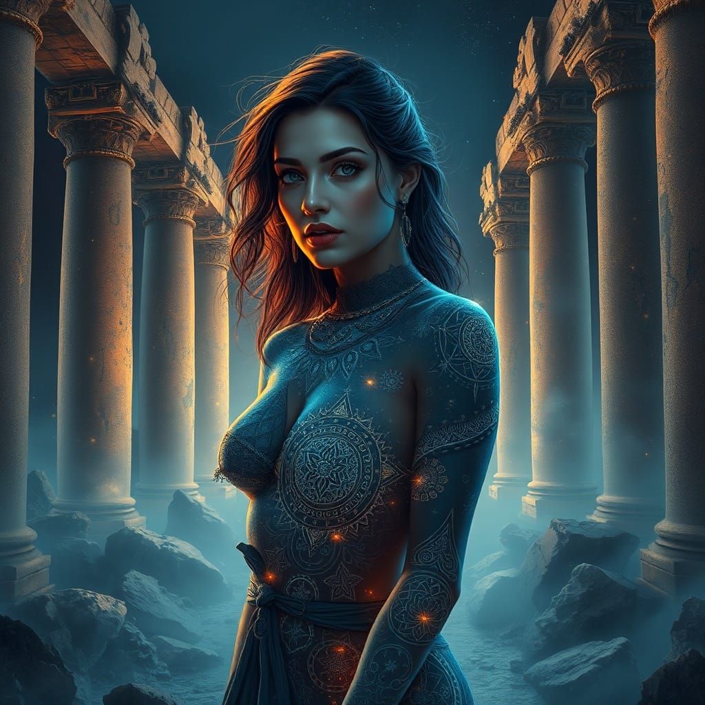 Mystical Woman with Celestial Tattoos in Ethereal Ruins