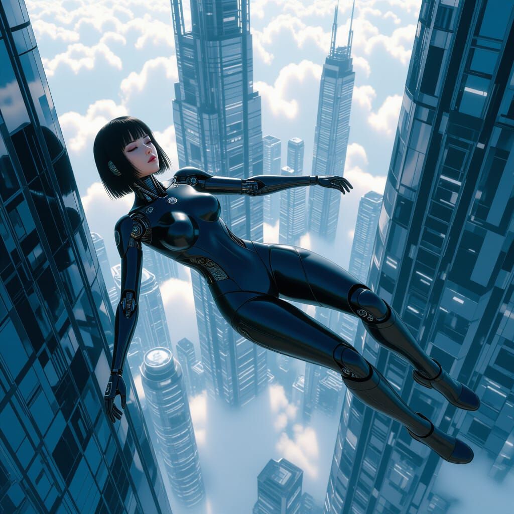 Cyborg Falling from Futuristic Skyscraper