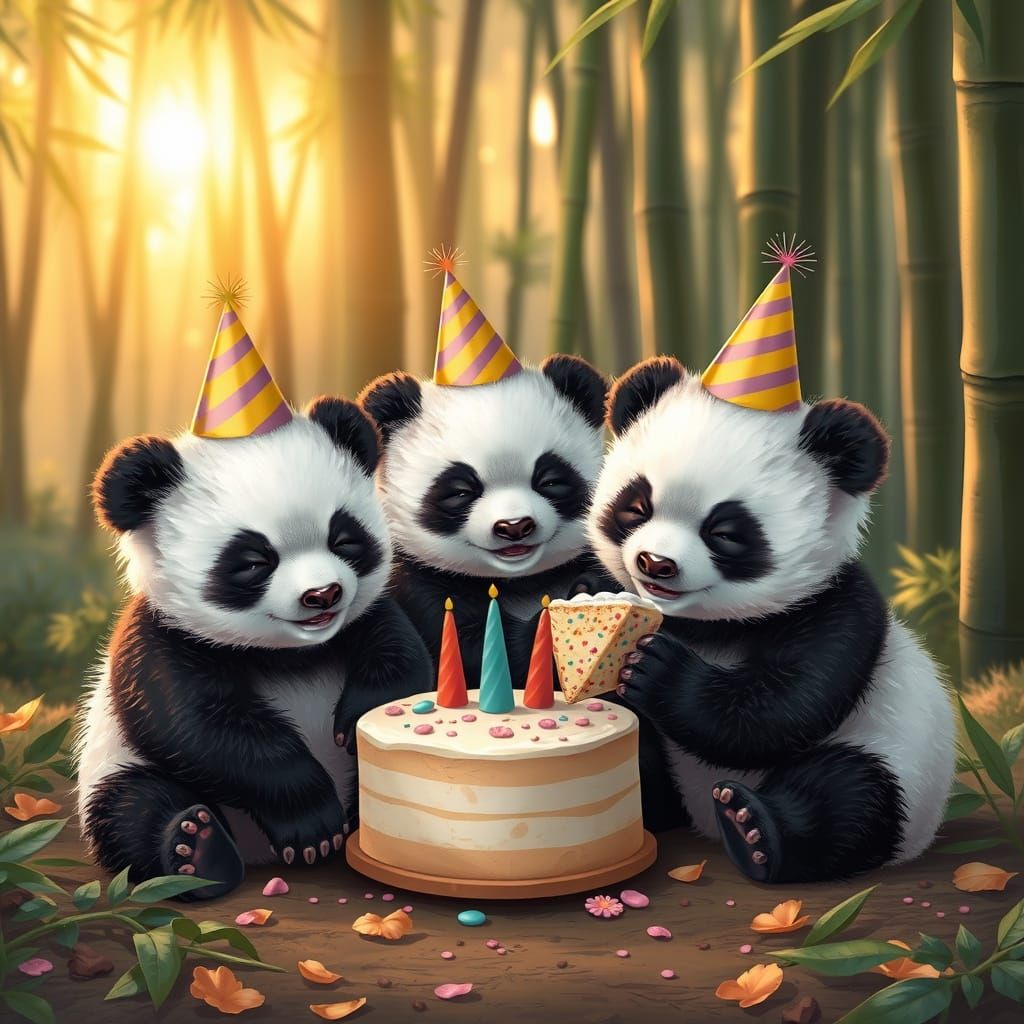 Colorful Panda Cubs Party in Whimsical Forest Scene