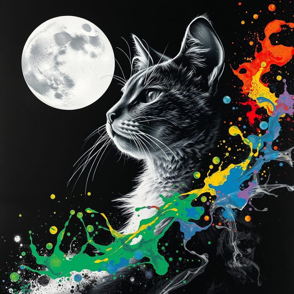 Monochrome Cat Painting with Luminous Moonscape