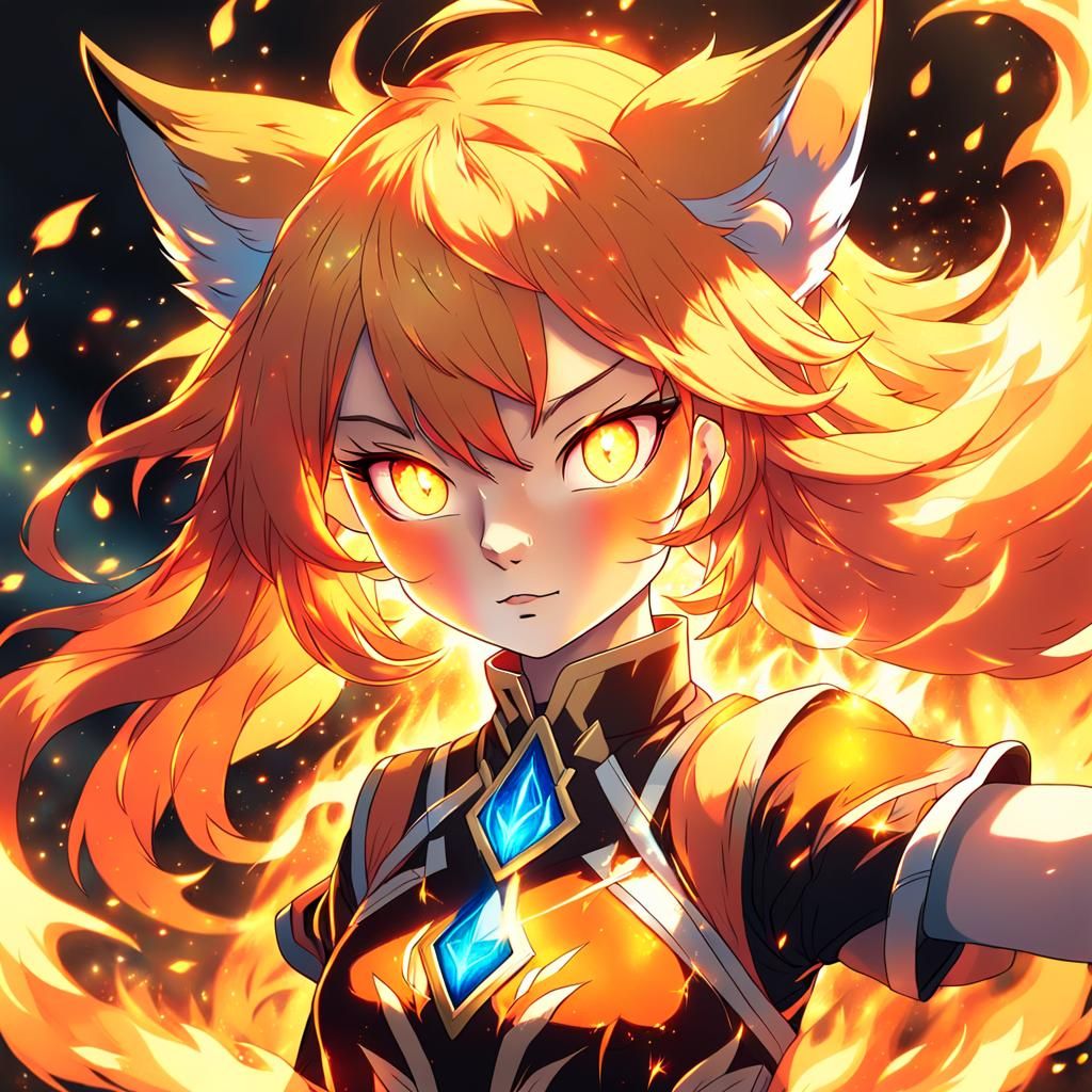 Anime Fox-Girl with Elemental Powers in Fiery Aura