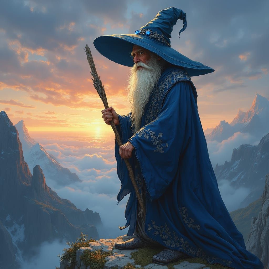 Wizard on Mountain Peak at Dusk, Mystical Realism