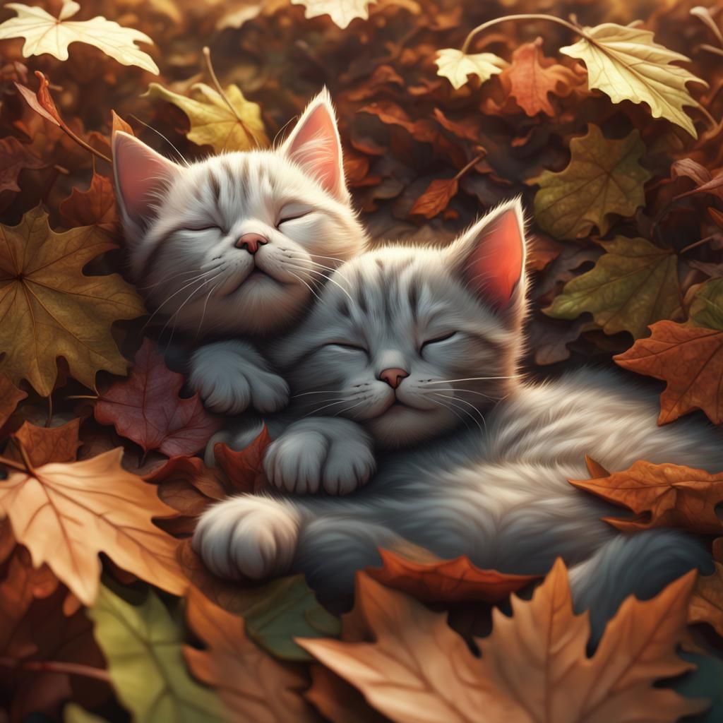 Cute Kitten Sleeping on Leaves: Fantasy Concept Art